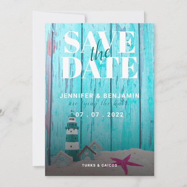 Carte Blue Rustic Wood Beach Mariage Enregistrer La Date (Devant)