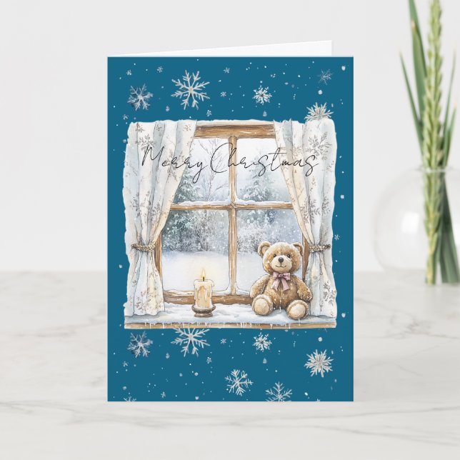 Carte Blue Silver Snowflakes Window Teddy Bear Christmas (Devant)