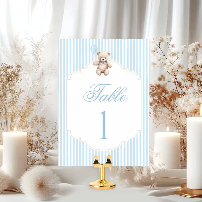 Carte Blue Teddy Bear Bow Balloon Baby Boy Table Number (Créateur téléchargé)