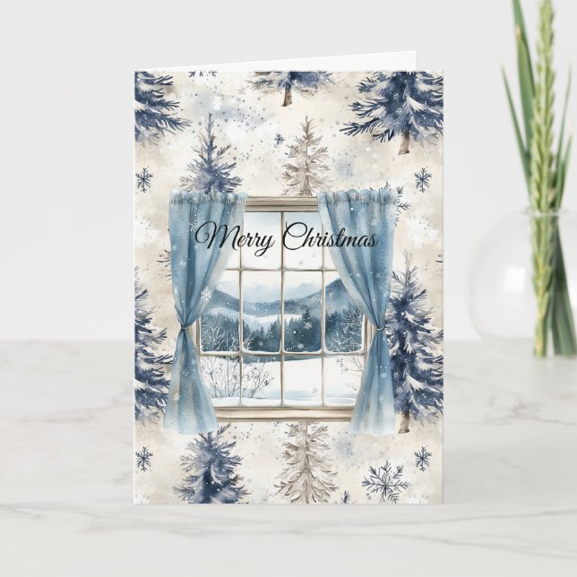 Carte Blue Trees Snowflakes Christmas Window (Devant)