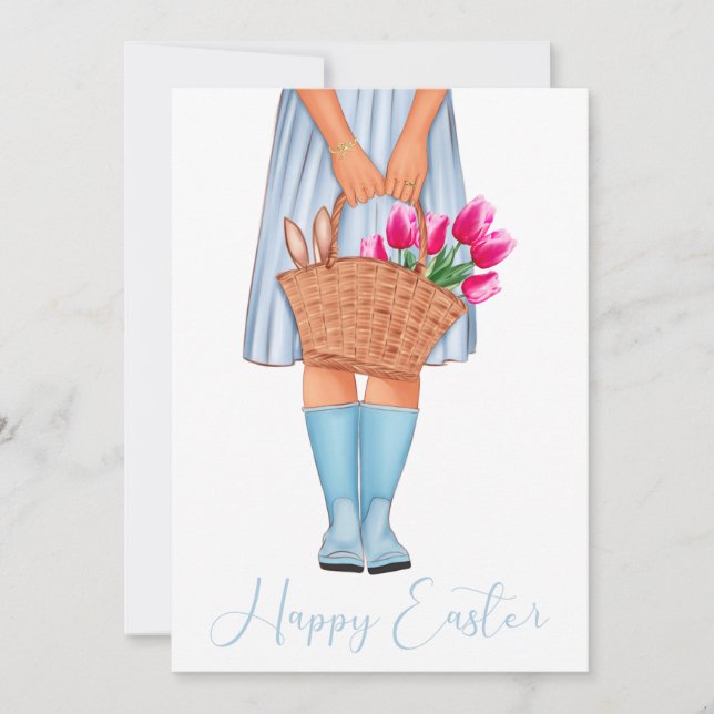 Carte Blue Tulips Fashion Girl Happy Pâques (Devant)