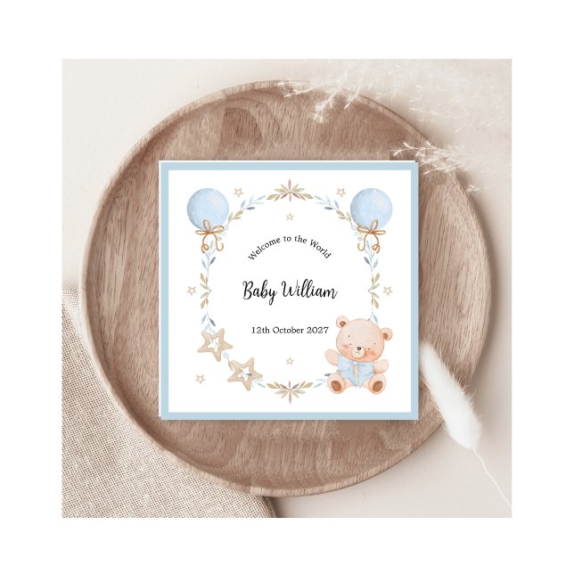 Carte Blue Welcome Baby Boy Floral Frame Teddy Bear Card (Créateur téléchargé)