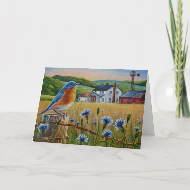 Carte Bluebird Cornflower Été Ferme d'été Aquarelle Art (Devant)