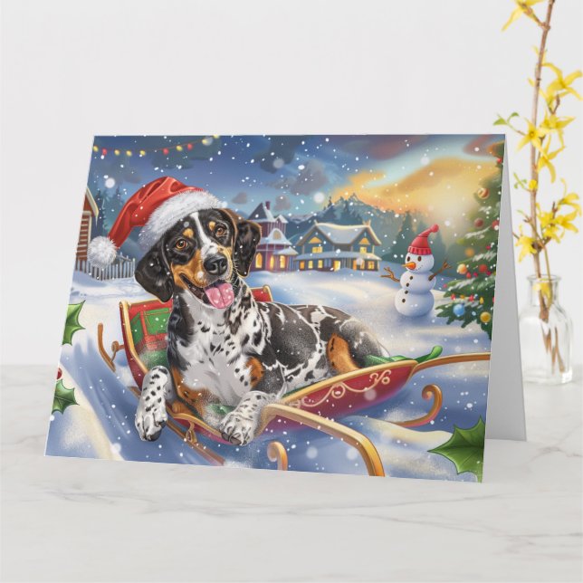 Carte Bluetick Coonhound Dog in Sleigh Snow Christmas (Fleur jaune)