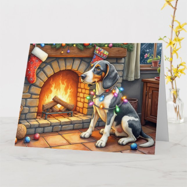 Carte Bluetick Coonhound Fireplace with Christmas Lights (Fleur jaune)