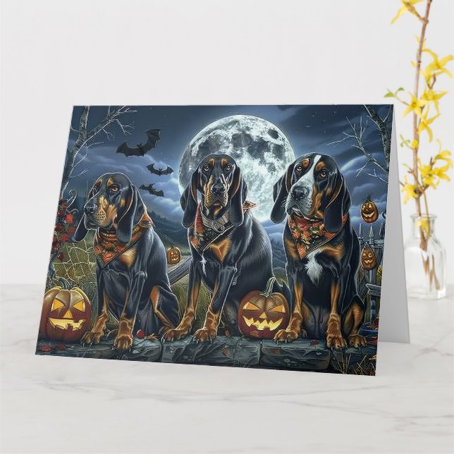 Carte Bluetick Coonhound Halloween Éffrayant (Fleur jaune)