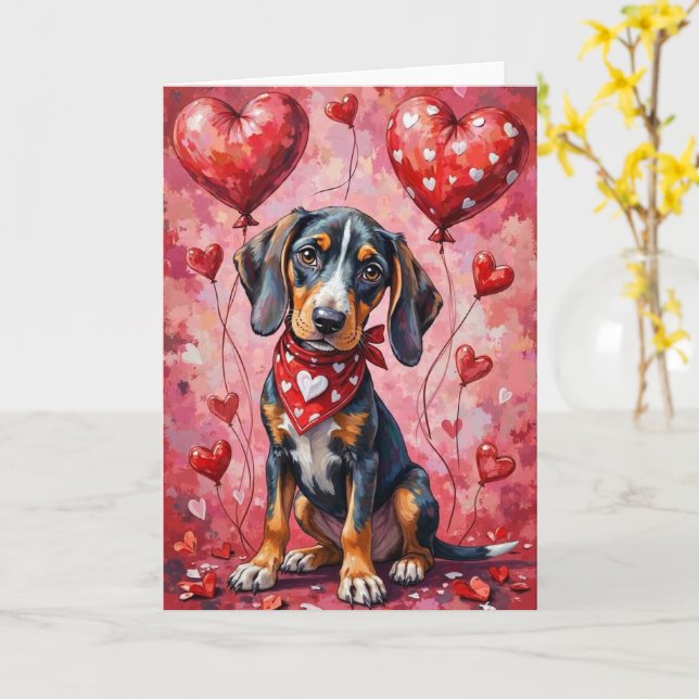 Carte Bluetick Coonhound Valentine Dog Sitting (Fleur jaune)