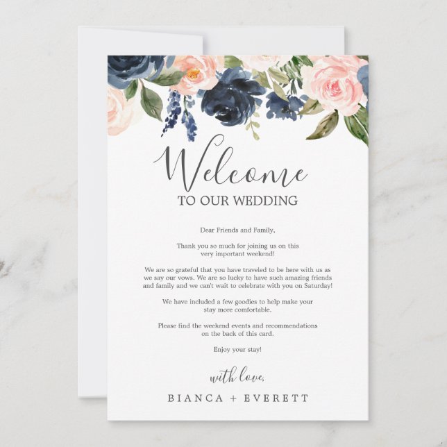 Carte Blush et Navy Flowers Bienvenue Lettre & Itinérair (Devant)