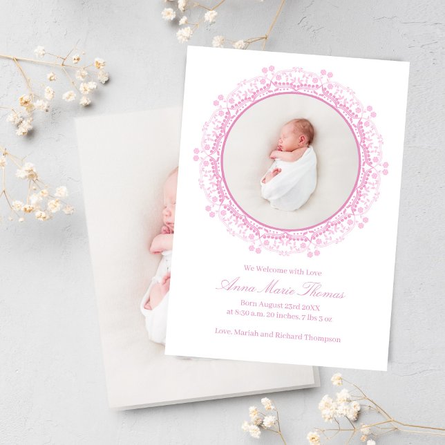 Carte Blush Pink Baby Photo Floral Script Birth (Blush pink baby announcement with floral frame and full photo back for a soft elegant design.)