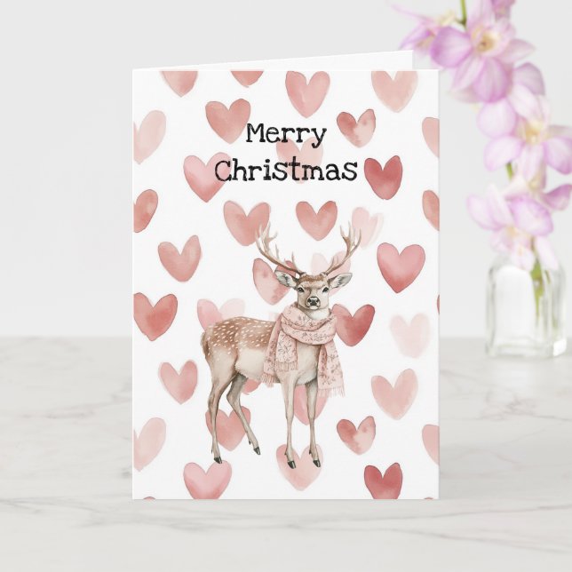 Carte Blush Pink Cream Deer Scarf Hearts Christmas (Orchidée)