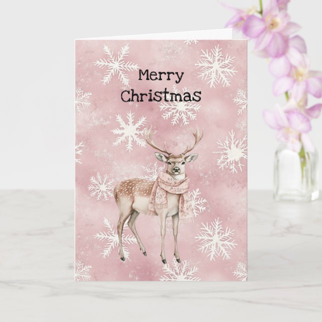 Carte Blush Pink Cream Deer Scarf Snowflakes Christmas (Orchidée)