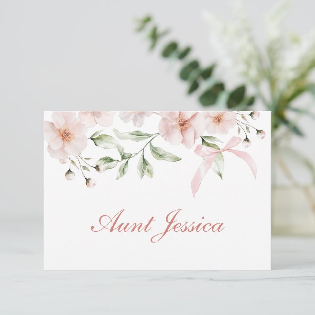 Carte Blush Pink Flowers and Bow Flat Place Card (Debout devant)