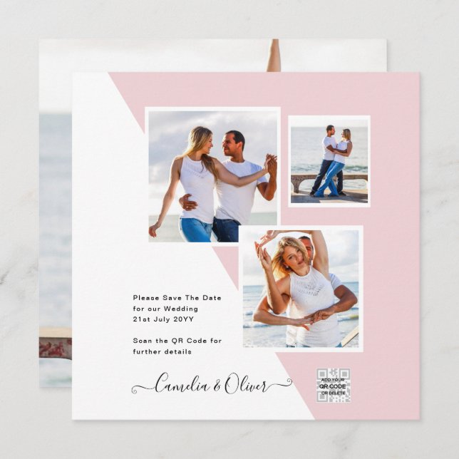 Carte Blush PINK Photo Wedding Inviter QR Code Enregistr (Devant / Derrière)