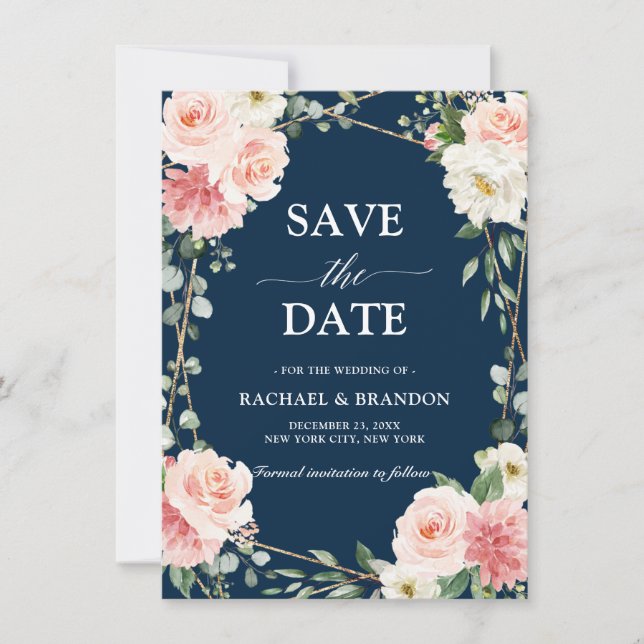 Carte Blush rose Floral Navy géométrique Enregistrer la  (Devant)