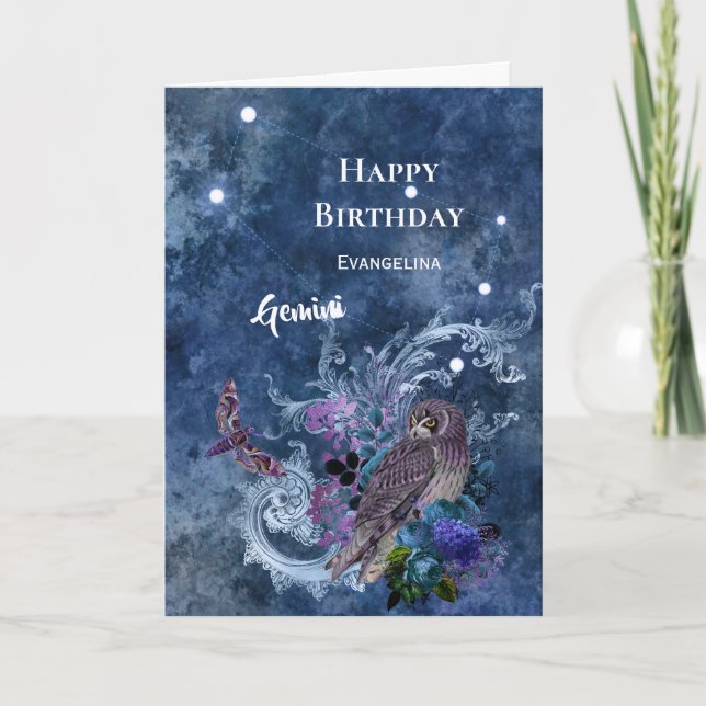 Carte Boho Blue Zodiac Gemini Constellation Anniversaire (Devant)
