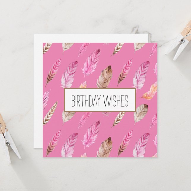 Carte Boho coloré plumes heureux anniversaire (Devant/Arrière en situation)