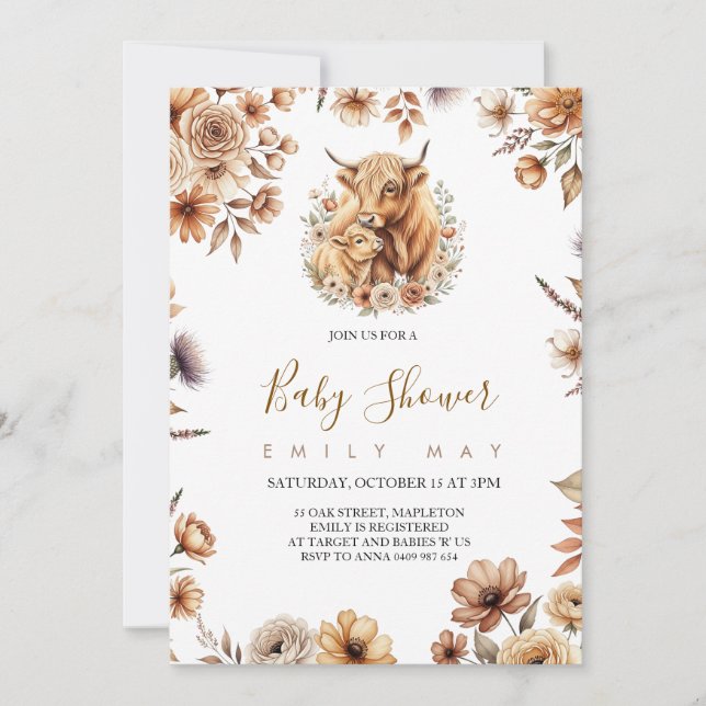 Carte Boho Cute Highland Cow Baby Shower (Devant)