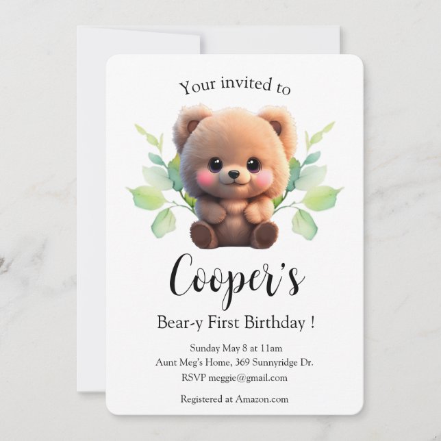 Carte Boho de l'ours en peluche mou 1er anniversaire (Devant)