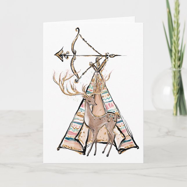 Carte Boho Deer Tent Joyeux Anniversaire (Devant)