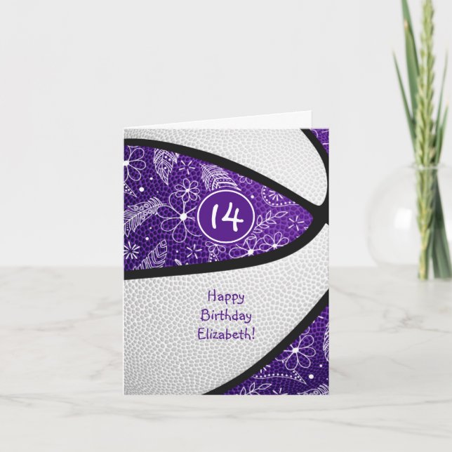 Carte boho doodle violet blanc girly basket anniversaire (Devant)