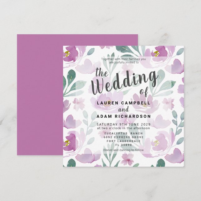 Carte Boho Elegant Aquarelle Floral Purple Mariage (Devant / Derrière)