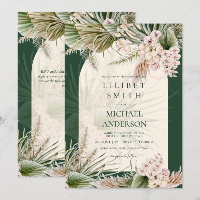 Carte BOHO Emerald Green Pampas Grass Mariage (Devant / Derrière)