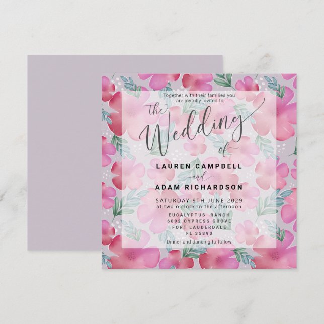 Carte Boho Floral Blush Pink Aquarelle Mariage Inviter (Devant / Derrière)