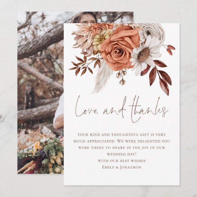Carte Boho Florals Photo Love Thanks Brown Text Mariage (Devant / Derrière)