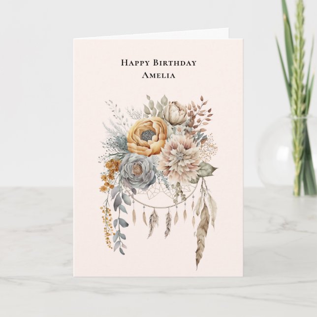 Carte Boho Flower Bouquet et Dreamcatcher Anniversaire (Devant)