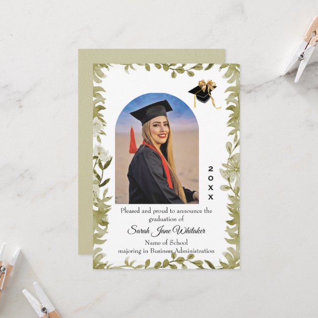 Carte Boho Leaf Border College Graduation announcement (Devant/Arrière en situation)