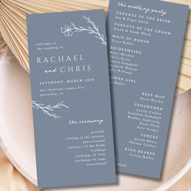 Carte Boho moderne Floral Outline en Acier Dusty bleu (Créateur téléchargé)