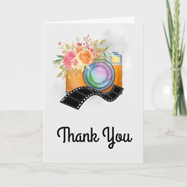Carte Boho Orange Caméra & Fleurs Merci d'aquarelle (Devant)