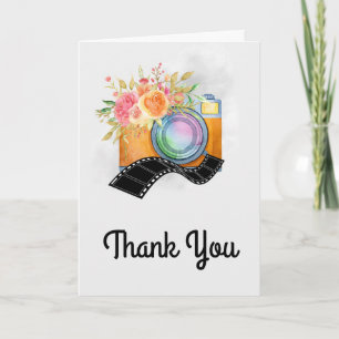 Carte Boho Orange Caméra & Fleurs Merci d'aquarelle