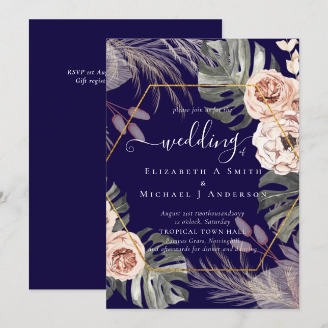 Carte BOHO PAMPAS GRASS Mariage TROPICAL (Devant / Derrière)