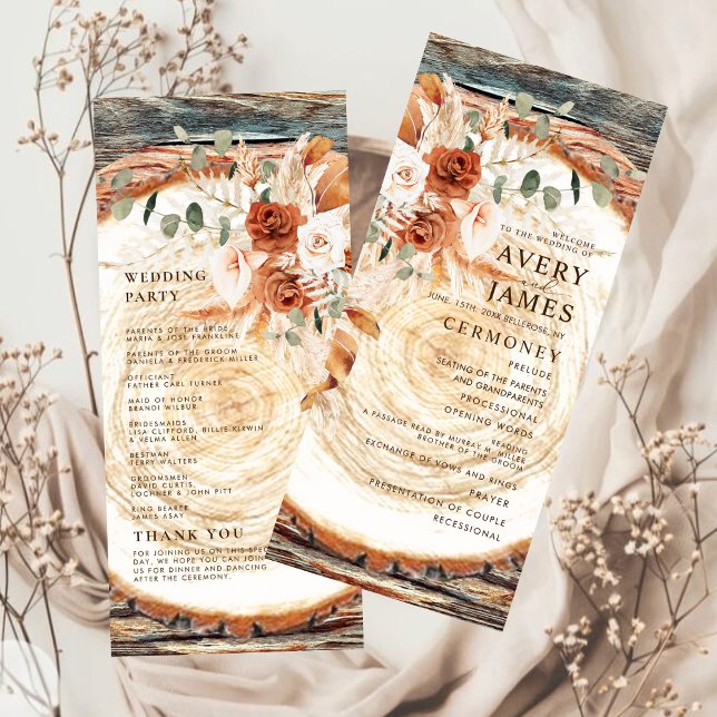 Carte Boho Pampas Rustic Wood Slice Wedding Program  (Créateur téléchargé)