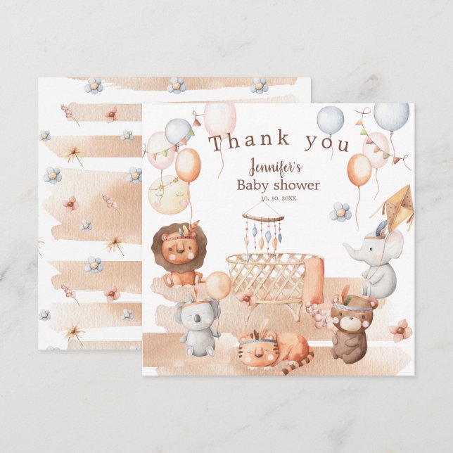 Carte Boho pastel animaux baby shower mobile Merci (Devant / Derrière)