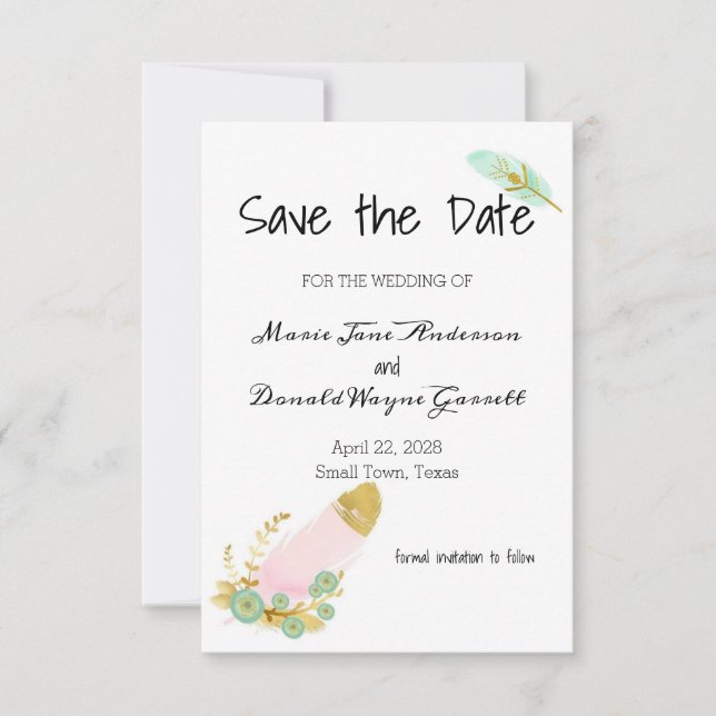 Carte Boho Pink and Gold Feathers Enregistrer la date (Devant)