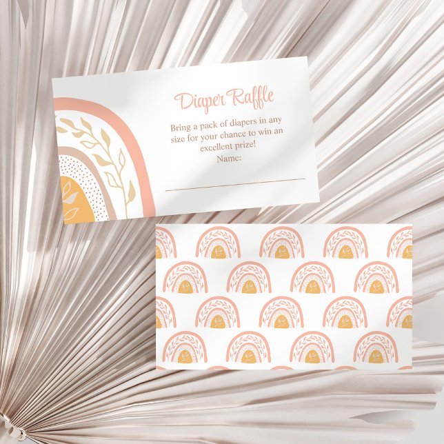 Carte Boho PInk Rainbow Diaper Raffle Enclôture (Boho PInk Rainbow Diaper Raffle Enclosure Card on a white dry palm leaf.)