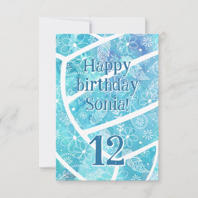 Carte boho plumes turquoise volleyball anniversaire (Devant)