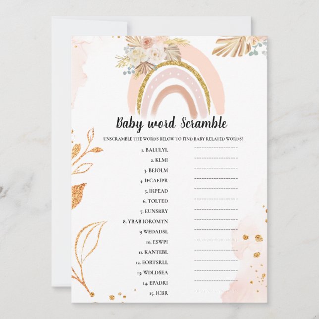 Carte Boho Rainbow Baby scrambule mot Baby shower jeu (Devant)