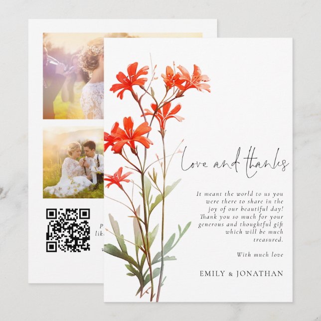 Carte Boho Red Fleurs sauvages 3 photo QR Mariage Merci (Devant / Derrière)