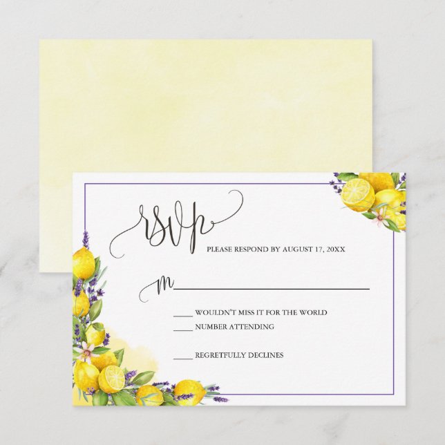 Carte Boho RSVP Boho Lavande d'aquarelle citron (Devant / Derrière)