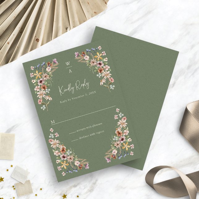Carte Boho Sage Floral RSVP (Watercolor Boho Sage Green Floral RSVP Card by Painted Paperie
)