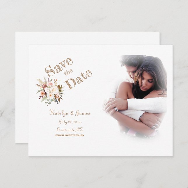 Carte Boho Soft Rose/Fleurs Blanches/Mariage/Enregistrer (Devant / Derrière)