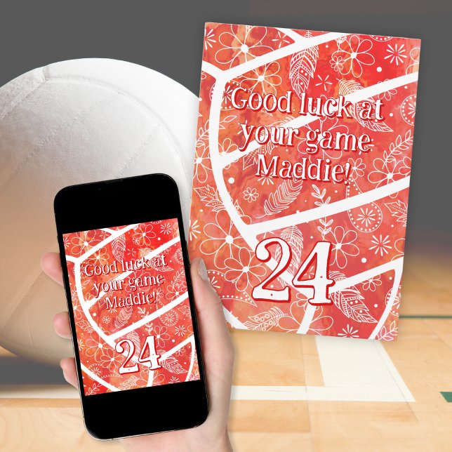Carte boho sports orange floral volley-ball bonne chance (Flat card with phone mockup)