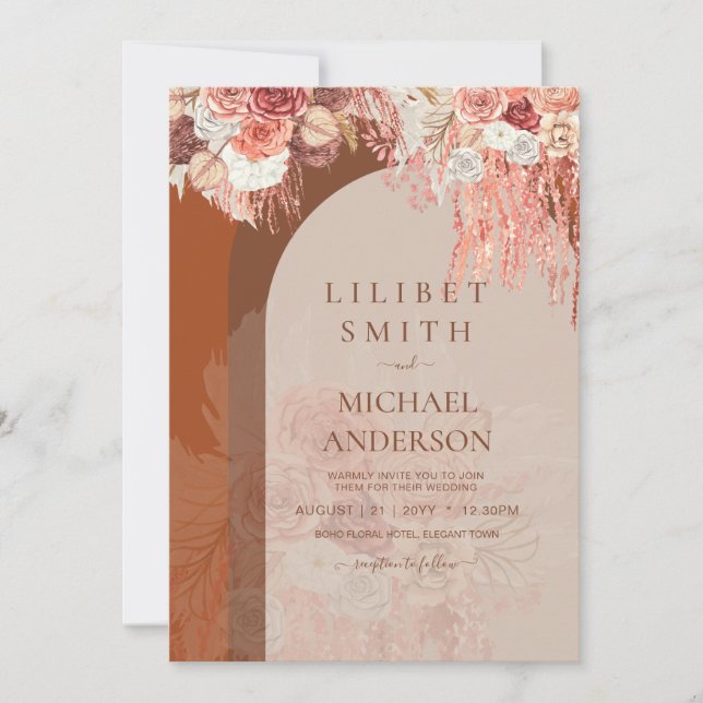 Carte Boho Terracotta Rose Pampas Grass Mariage Floral (Devant)