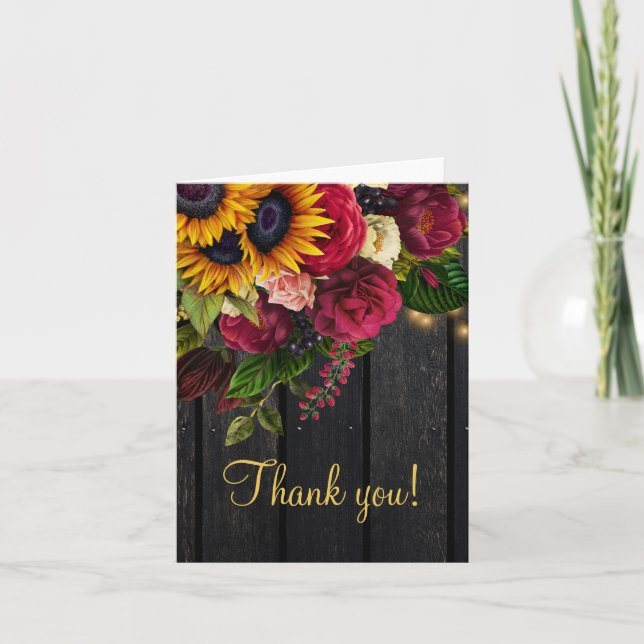 Carte Bois floral rustique élégant script or merci (Devant)