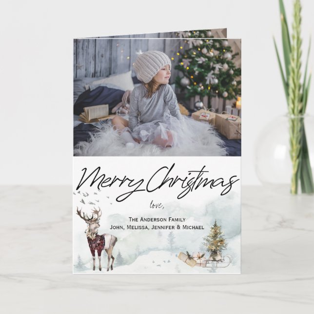 Carte Bois rustique Animaux Aquarelle Photo de Noël (Devant)