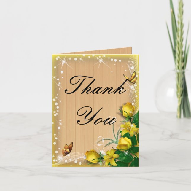 Carte Bois rustique Merci à papillon floral jaune (Devant)