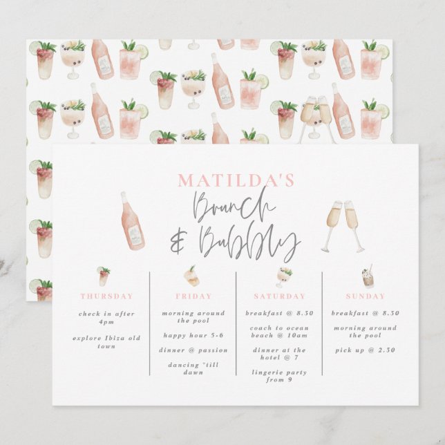 Carte Boissons d'aquarelle brunch et bachelorette mousse (Devant / Derrière)